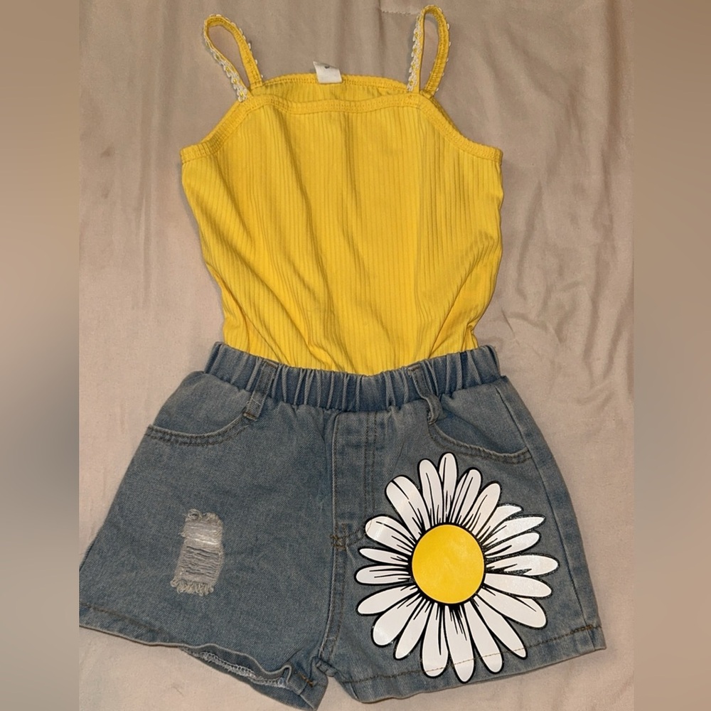 Vibrant Yellow Top with Denim Daisy Shorts